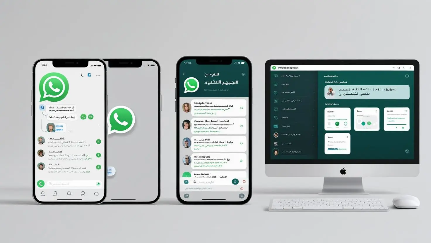 مقارنة مرئية بين واجهة واتساب الشخصي وواتساب أعمال ولوحة واتساب API على الويب